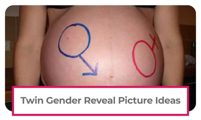 A collection of twin gender reveal pictures. 